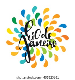 Rio de Janeiro inscription, background colors of the Brazilian flag. Calligraphy handmade greeting cards