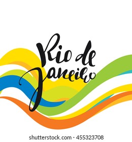 Rio de Janeiro inscription, background colors of the Brazilian flag. Calligraphy handmade greeting cards. Background watercolor brush