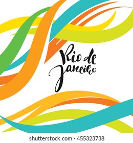 Rio de Janeiro inscription, background colors of the Brazilian flag. Calligraphy handmade greeting cards