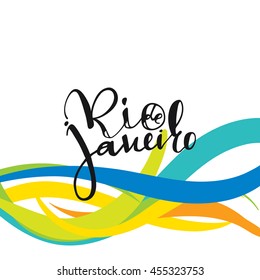 Rio de Janeiro inscription, background colors of the Brazilian flag. Calligraphy handmade greeting cards