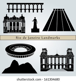 Rio de Janeiro landmarks and monuments isolated on blue background in editable vector file