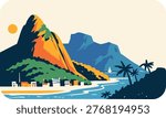 Rio de Janeiro Landscape Illustration with Sugarloaf Mountain, Beach and Coastal City Brazil Travel Scene