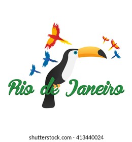 Rio de Janeiro logo. Travel in Brasil. South America. Toucan. Three parrots