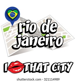 Rio De Janeiro. I Love That City. Vector Illustration with country flag.