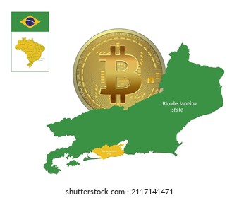 Rio de Janeiro map and city with Bitcoin coin, Brazil map and flag, regions names vector