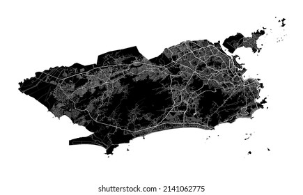 Rio de Janeiro map. Detailed vector map of Rio de Janeiro city administrative area. Cityscape poster metropolitan aria view. Black land with white streets, roads and avenues. White background.