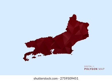 Rio de Janeiro Map - Low poly polygon map in deep red gradient on light blue background, modern minimal geometric design, vector illustration with faceted triangulated style.