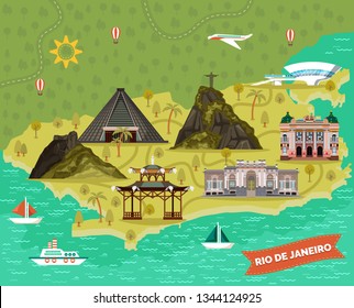 Rio de Janeiro map with sightseeing landmarks. Vista Chinesa, City Theater, Niteroi museum of contemporary art, Parque Lage, Pedra da Gavea mountain, Sebastian cathedral, Christ the Redeemer. Tourism