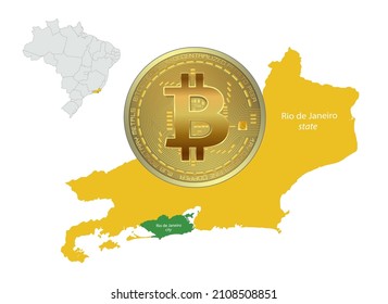 Rio de Janeiro map state and city with Bitcoin gold coin, Brazil with regions states vector