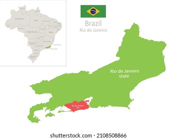 Rio de Janeiro map state and city, Brazil with regions states and flag vector