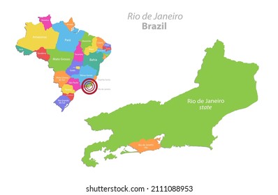 Rio de Janeiro map state and city with Brazil administrative division, separate individual regions with names, color map isolated on white background vector