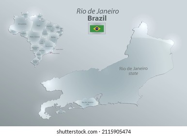 Rio de Janeiro map state and city, Brazil map and flag, separates regions and names, design glass card 3D vector