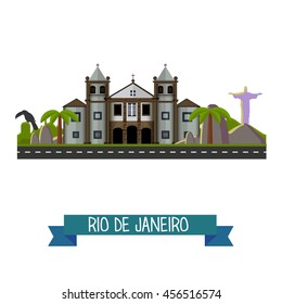 Rio de Janeiro panorama skyline. Vector illustration. eps10. Christ the Redeemer statue, Monastery of St. Benedict (Sao Bento), toucan, palms in Rio de Janeiro, Brazil. Icon, stickers concept.