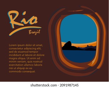 Rio de Janeiro in the plane window. EPS vector ad with title and text. Flying to Rio, Brazil.