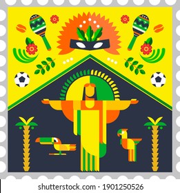 rio de janeiro postage stamp design with statue of Jesus Christ palm trees, carnivals, maracas and soccer