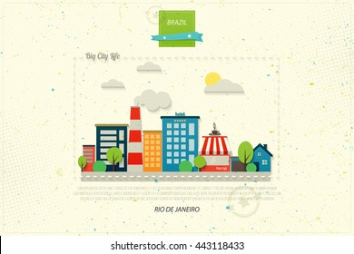 Rio de Janeiro postcard with South America modern architecture, office buildings, hotel, market park, coffee house and asphalt road. vector colorful Brazil illustration. Brazilian city banner template