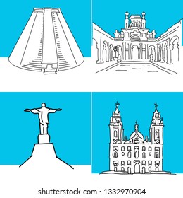 Rio de Janeiro set of buildings. Hand-drawn high quality vector outline drawings.