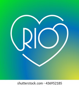 Rio De Janeiro sign in linear style over background with Brazilian flag colors with heart, vector illustration