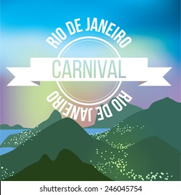 Rio de Janeiro silhouette on background with mountains. Rio carnival stamp in blue sky