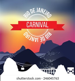 Rio de Janeiro silhouette on background with mountains at night. Rio carnival stamp in sunset sky