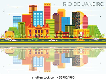 Rio De Janeiro Skyline with Color Buildings, Blue Sky and Reflections. Vector Illustration. Business Travel and Tourism Concept with Modern Architecture. Image for Presentation Banner Placard and Web.