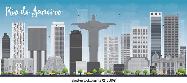 Rio de Janeiro skyline with grey buildings and blue sky. Vector illustration. Business travel and tourism concept with modern buildings. Image for presentation, banner, placard and web site.