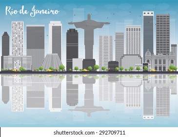 Rio de Janeiro skyline with grey buildings and blue sky. Vector illustration. Business travel and tourism concept with place for text. Image for presentation, banner, placard and web site.