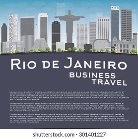 Rio de Janeiro skyline with grey buildings, blue sky and copy space. Business travel and tourism concept with place for text. Image for presentation, banner, placard and web site. Vector illustration