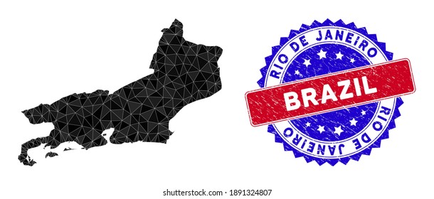 Rio de Janeiro State map polygonal mesh with filled triangles, and distress bicolor stamp seal. Triangle mosaic Rio de Janeiro State map with triangular vector model, triangles have randomized sizes,