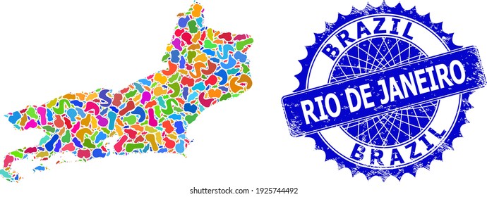 Rio de Janeiro State map vector image. Blot collage map and corroded stamp for Rio de Janeiro State. Sharp rosette blue stamp seal with tag for Rio de Janeiro State map.