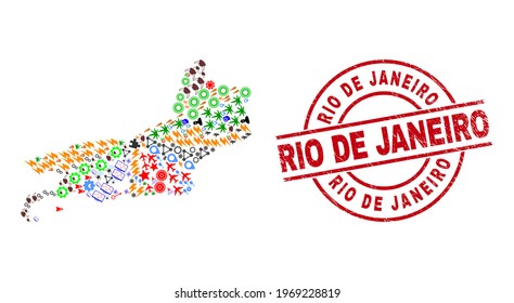 Rio de Janeiro State map collage and dirty Rio De Janeiro red circle stamp imitation. Rio De Janeiro seal uses vector lines and arcs. Rio de Janeiro State map collage includes helmets, houses,