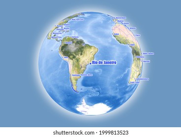 Rio de Janeiro-Brazil is shown on vector globe map. The map shows Rio de Janeiro-Brazil 's location in the world.