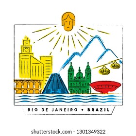 Rio de Janerio, Brazil linear landmarks vector illustration and typography design  