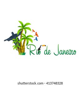 Rio de Jeaneiro logo. Palm logo. Travel in Brasil. South America. Toucan. Three parrots