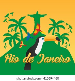 Rio de Jeaneiro Poster. Travel in Brasil. South America. Statue of Christ the Redeemer. Toucan. Three parrots