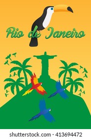 Rio de Jeaneiro Poster. Travel in Brasil. South America. Statue of Christ the Redeemer. Toucan. Three parrots