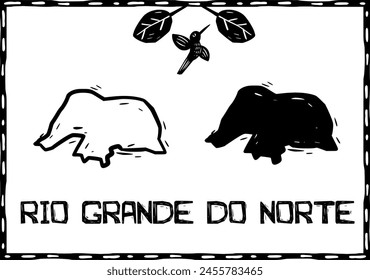 Rio Grande do Norte, nordöstlicher brasilianischer Bundesstaat in Silhouette. Holzschnitt.