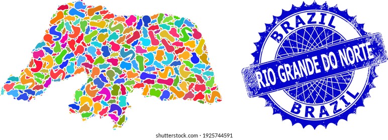 Abstraktion des Rio Grande do Norte State Map. Mosaikkarte und Korrosionsstempel für Rio Grande do Norte State. Sharp rosette blauen Markierung mit dem Tag für Rio Grande do Norte State Map.
