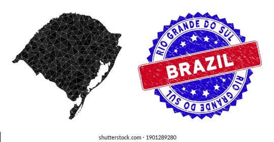 Rio Grande do Sul State mapea la malla poligonal con triángulos llenos, y la imitación de estampado bicolor de las dificultades. Mapa del estado del mosaico triangular de Rio Grande do Sul con modelo de vector de malla,