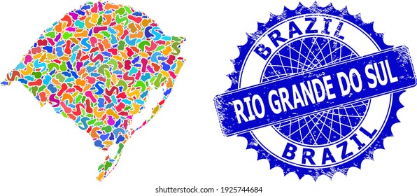 Imagen vectorial del mapa del estado de Rio Grande do Sul. Mapa de patrón de ranura y sello de grunge para el estado de Rio Grande do Sul. Marca azul rosetón nítida con texto para el mapa del estado de Rio Grande do Sul.