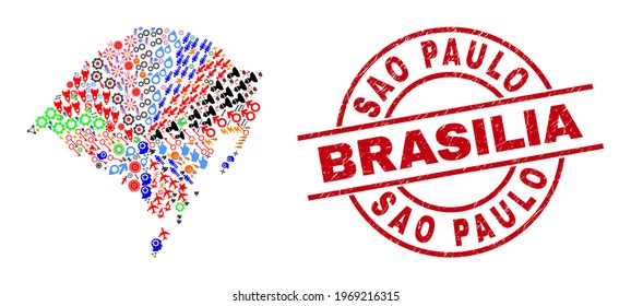 Collage del mapa del estado de Rio Grande do Sul y sucia placa del círculo rojo de São Paulo Brasilia. El sello Brasilia de São Paulo usa líneas vectoriales y arcos. El collage del mapa del estado de Rio Grande do Sul contiene cascos, casas,