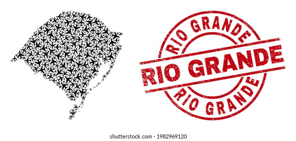 Sello de caucho de Rio Grande y mapa del estado de Rio Grande do Sul de artículos de avión. Mapa del estado de Mosaic Rio Grande do Sul construido con artículos de aviación. Marca de agua roja con texto de Río Grande,