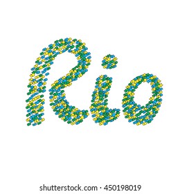 Rio Inscription on a white background, green, blue, yellow, the colors of the Brazilian flag, Brazil Carnival
