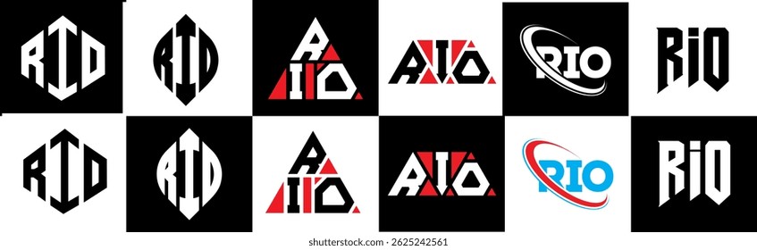 RIO carta logotipo design em seis estilo. Polígono RIO, círculo, triângulo, hexágono, estilo simples e plano com logotipo de letra de variação de cor preto e branco definido em uma prancheta. Logotipo minimalista e clássico do RIO