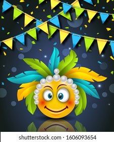 Rio Party Carnaval Festive Banner, Smile Emoji with Headdress