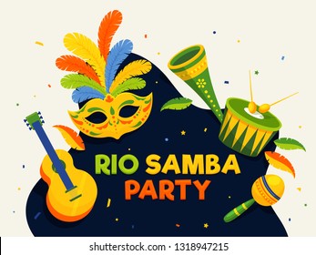 Cartaz da Festa do Samba do Rio ou design de banner com ilustração de máscara e instrumentos musicais.