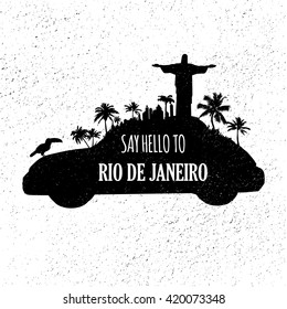 Rio silhouette with statue of Christ the Redeemer, Brazil, topucan, palms. South America. Vintage hand drawn typography poster. Say hello to Rio.