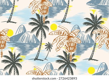 Diseño de patrón de verano tropical RIO. Patrón de la palmera. Estampado de plátano. Montaña de Río con el diseño inconsútil del patrón del mar. Diseño de impresión botánica retro. Diseño de estampado de camisa. perfecto para la tela de la camiseta