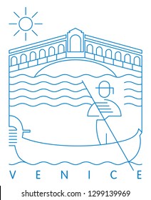 Riolta Bridge and Gondolier, Venice, Italy vector illustration and typography design