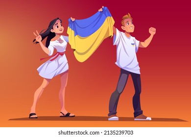 Riot against war on Ukraine, people holding yellow and blue Ukrainian flag on demonstration to stop russian aggression. Young woman in traditional dress and man protest, Cartoon vector illustration